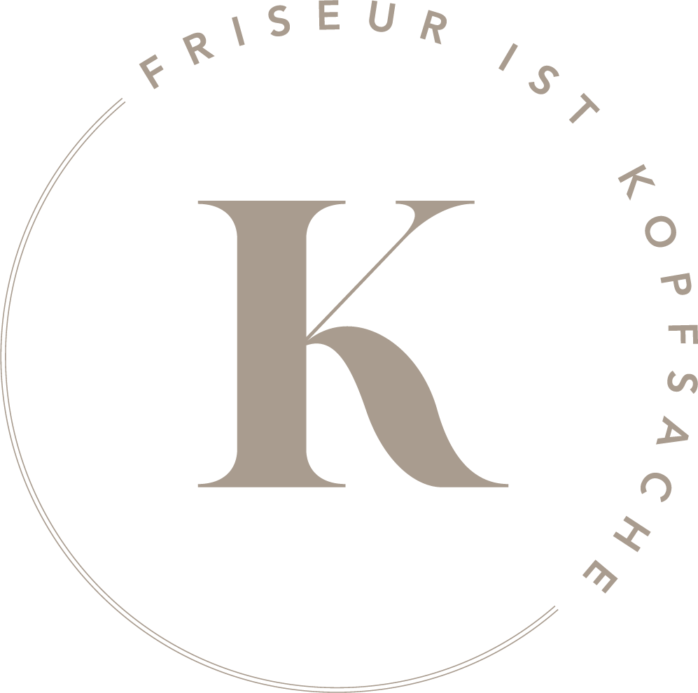 Logo for "Friseur ist Kopfsache" with a large letter K and a curved line around it. The text is written in German.